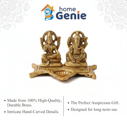 HOME GENIE Lakshmi Ganesh Diya for Pooja Room, Home Temple, Festive Decoration & Spiritual Gifting | Metal Oil Lamp with Deity Figures | Intricately Carved | Golden Finish