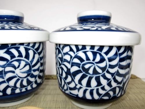 Japanese Porcelain Chawan-mushi Cups with Lid, 3.6 x 3.9 inches, 7.8 Fluid Ounces, Mino Ware Karakusa Arabesque pattern, Set of 2 TG16921 from Japan (Karakusa)