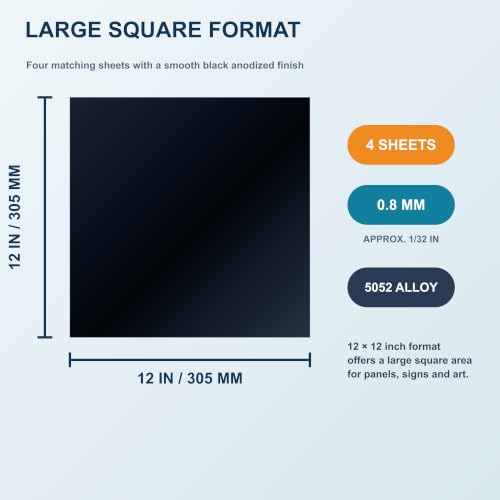 KSVZS 4-pack black anodized aluminum sheets, 12 x 12 inch, 0.8mm metal stock (4 sheets)