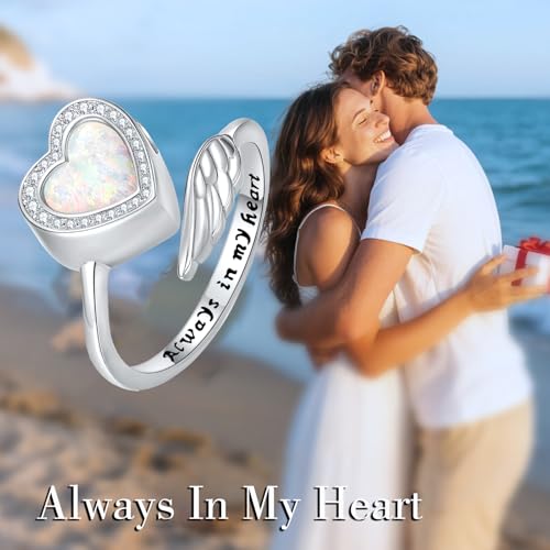 YAFEINI Urn Rings for Ashes 925 Sterling Silver Opal Urn Ring Adjustable Band Always in My Heart Opal Memorial Jewelry for Women