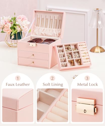 Homde Small Jewelry Box for Girls: 3-Layer Lockable Organizer (Blush Pink) Blush Pink