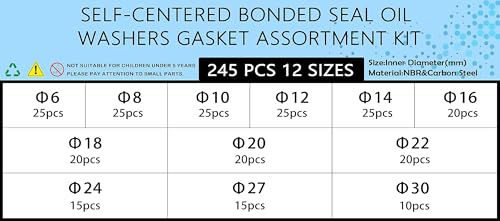 Beduan bonded sealing washers assortment kit, M6–M30 metric NBR rubber pipe seal gaskets, 245 pieces