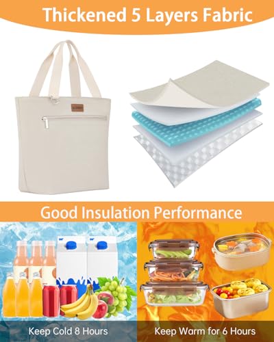 Insulated Lunch Tote Women Work 2 Pockets Cooler Bag 16 Bottle Beige X-Large 16_White
