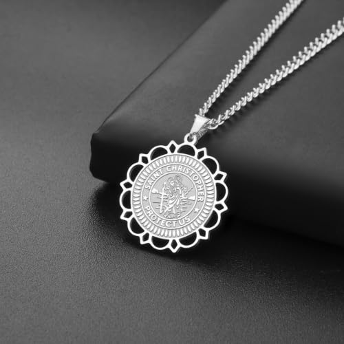 Amaxer Saint Christopher Medal Necklace for Women Saints Medal Saint Christopher Protect Us Religious Travel Protection Jewellery Necklace for Women Men Silver