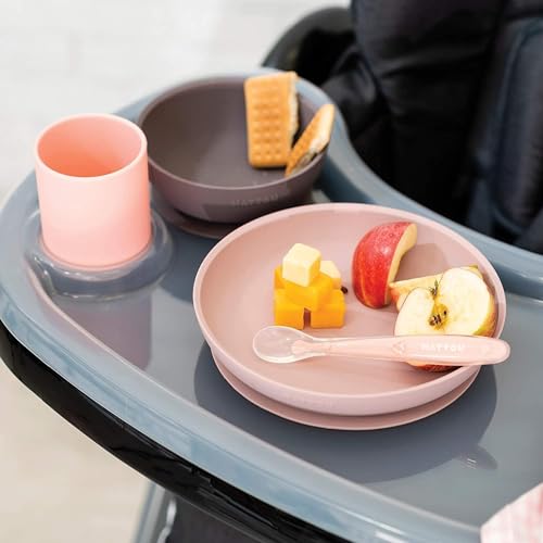 Nattou Silicone Tableware for Children, 4 Pieces, Plate + Bowl, Non-Slip, BPA-Free, Silicone, Green/Sand Pack of 1