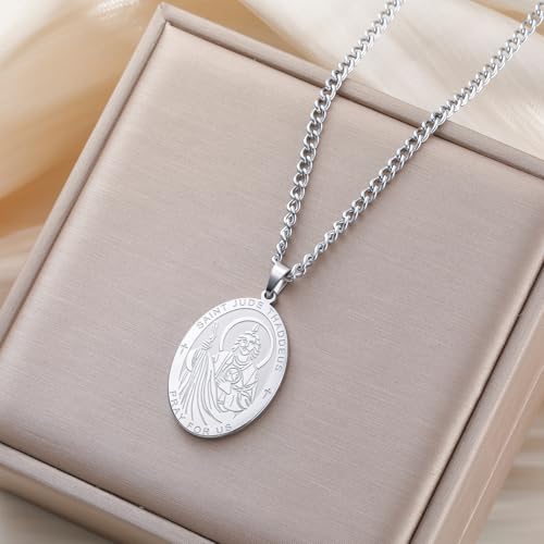 LIKGREAT Saint Jude Necklace Patron St Medals Amulet Pendant Religious Protection Jewelry for Men Women sliver