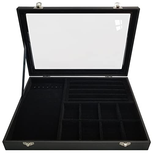 Clear Lid Jewelry Organizer Box for Women Wife Girlfriend Black-8 grids & 5 ring slots & 7 necklace hooks