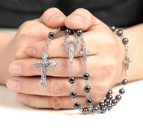 Rosary Beads Catholic for Man and Woman - Natural Black Stone Gemstone Rosary Beads.