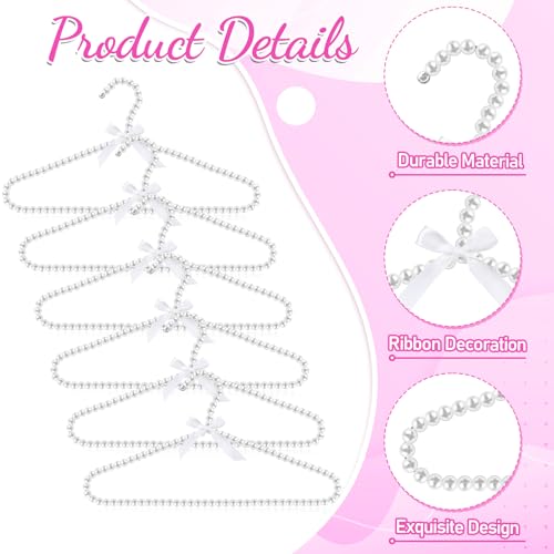 SHENLIU 6 Pack Pearl Clothes Hangers, Elegant Bridesmaid Hangers with White Ribbon Trim Hanger, Closet Coat Storage Organizer Bowknot Standard Wedding Hanger for Wedding Engagement Gowns Suits Shirts A