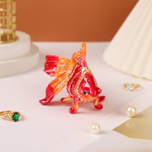 Lucky Goldfish Shape Trinket Box Hinge Hand-Painted Small Jewelry Ring Holder Boxes Enamel Animals Craft Christmas Gift for Women
