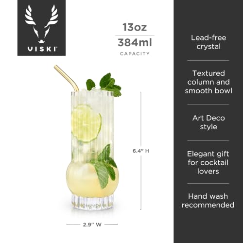 Viski Deco Crystal Island Highball Glasses Set of 2 - Premium Crystal Mojito and Gin and Tonic Glasses, Highball Cocktail Glassware Gift Set, 13 oz Island Deco Highballs