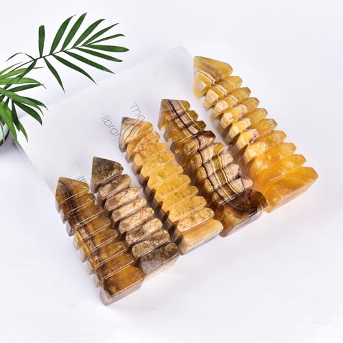 JIC Gem Natural Yellow Fluorite Crystal Carved Tower Multi-Storey Healing Crystal Wenchang Tower Statue Decoration Feng Shui Crystal Tower Collection Meditation Grid(0.8-1.3 lbs) 0.8-1.3 Pound