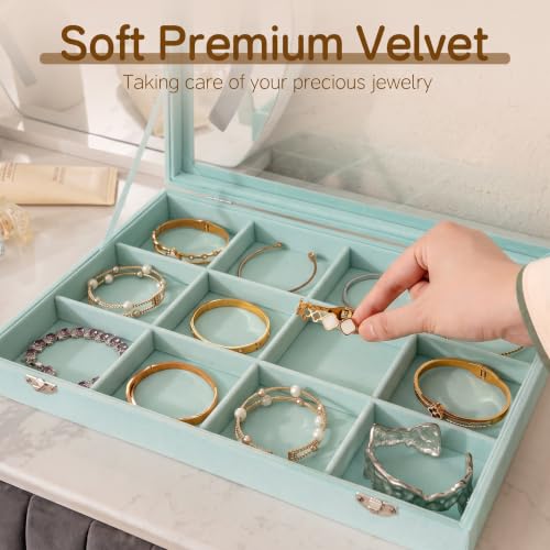 Frebeauty 12 Grid Bracelet Holder Box,Velvet Jewelry Tray with Clear Lid Turquoise