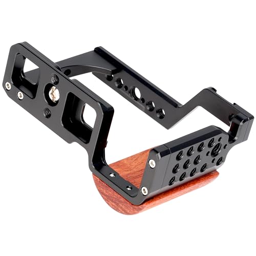 Foto4easy zv-e10 cage with Wood Handle for Sony ZV-E10 Camera,Quick Release Plate for Arca-Swiss,1/4" & 3/8" Screw Holes and Cold Shoe Mount for Accessories