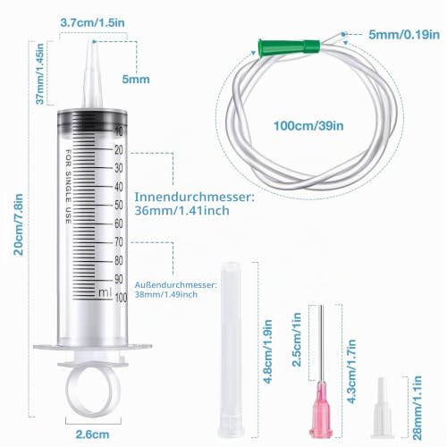 100 ml syringe, colostrum syringe with 20G needle and hose | Reusable dosing syringe for laboratory, garden and industry