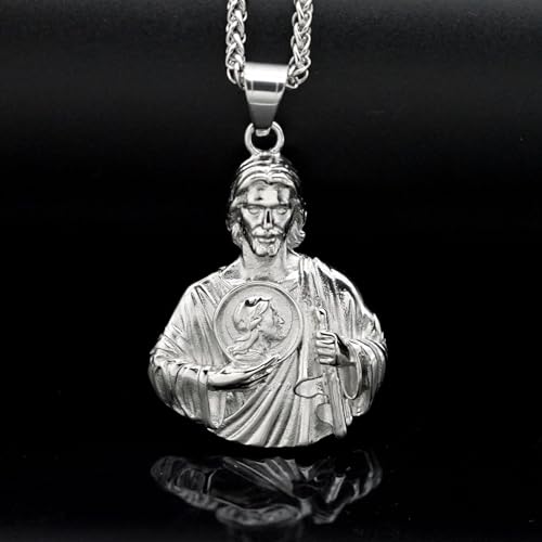 Religious Protection St. Jude Pendant Necklace - Titanium Steel Gold/Silver Tone Hip Hop Cuban Chain, Christian Saint Jewelry for Men Women Silver