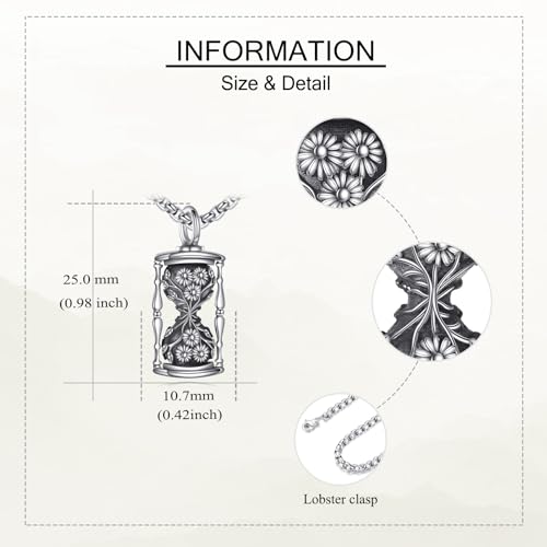 URONE Hourglass Urn Necklace for Ashes 925 Sterling Silver Hourglass with Daisy Flower Ashes Pendant Cremation Jewellery Memorial Gifts for Loved Ones Ashes