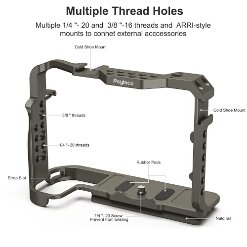PoyincoR5 / R5 C / R6 Cage for Canon R5 R6 R5 C, Aluminum Alloy DSLR Rig Stabilizer with Cold Shoe, 1/4"&3/8" Threaded Holes for Filmmaking and Video Shooting