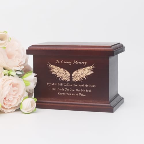 6 Inch Small Wooden Urn for Human Ashes - Keepsake Urn for Men & Women, Funeral Ashes Holder, Wooden Urn Box and Casket with Wing Design Design: Wing