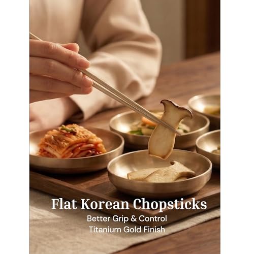 ONGI Korean Spoon and Chopstick 1 Set – Premium 18/10 Titanium Gold – Hangul Design – Gift-Ready – Made in Korea – Dishwasher Safe (Yongbi Gold 2 Set)