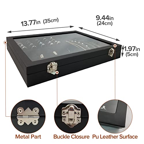 Clear Lid Jewelry Organizer Box for Women Wife Girlfriend Black-8 grids & 5 ring slots & 7 necklace hooks