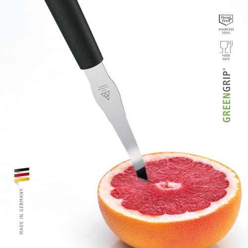 Triangle grapefruit knife with 4-inch micro-serrated stainless steel blade and green ergonomic handle, dishwasher safe.