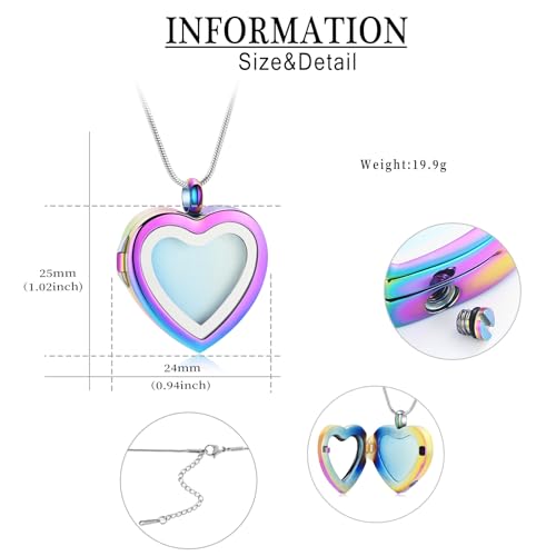 Cremation Jewelry Necklace for Ashes Heart Shaped Memorial Picture Lockets for Ashes Stainless Steel Keepsake Urn Ashes Pendants That Holds Pictures Photo Rainbow