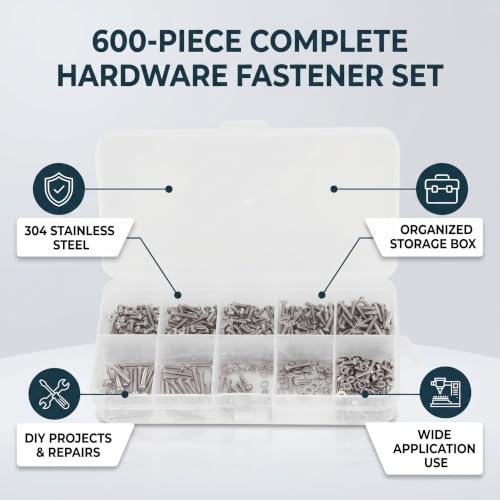 Generic 600-piece stainless steel hex socket screw and nut assortment kit with flat machine screws for DIY projects