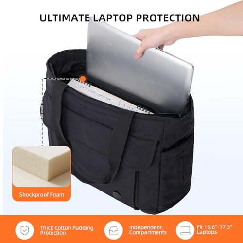 Black Lunch Tote Bag for Women, 15.6-17.3 Inch Laptop Tote Bag with Insulated Lunch Compartment, Leakproof Water-resistant Large Capcity Travel Bag for Work Office Picnic Beach, Elegant Black 23 liters 19