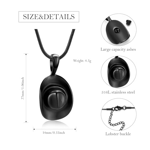 Hearbeingt Cowboy Hat Urn Necklace for Ashes Cremation Jewelry Black