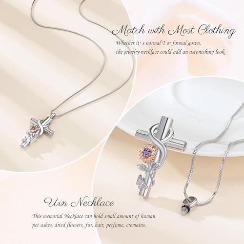 Cross Sunflower Cremation Jewelry Infinity Urn Necklace for Ashes for Men Women Stainless Steel Butterfly Memorial Ashes Pendant Necklace Keepsake Jewelry Rose-purple