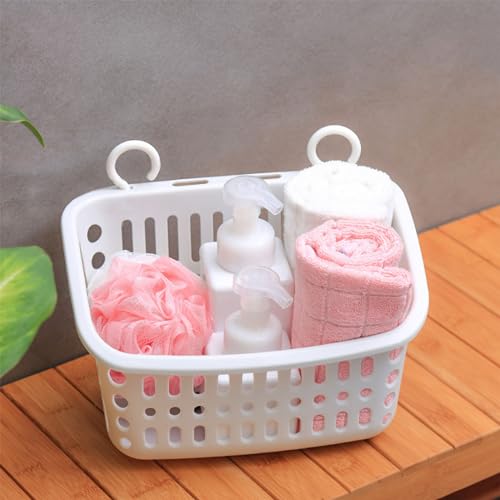 White plastic hanging shower caddy with drain holes and storage basket for organizing toiletries in the bathroom.
