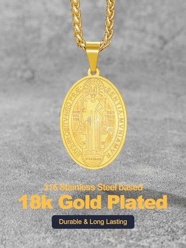U7 Saint Benedict Medal Necklace for Men Women, Stainless Steel Catholic Pendant, Silver Gold st Crucifix Religious Protection Cross Jewellery for Faith Believers Christians, 22+2 Inches Wheat Chain