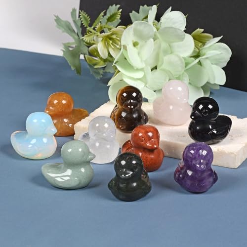Justinstones 10pcs Random Material 30mm Gemstone Hand-Carved Healing Stone Duck Decor, Animal Spirit Totem Sculpture Figurines for Home, Office, Meditation, and Gift Collection 10pcs Random Material duck