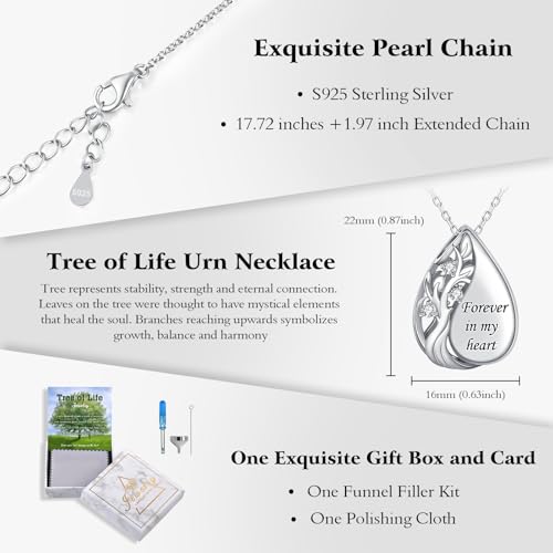 Tree of Life Urn Necklaces for Ashes 925 Sterling Silver Cremation Jewelry Chain Length 20+2"