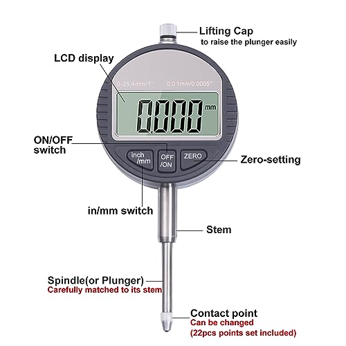 Qnkaa electronic digital dial indicator, 0-1 inch/25.4mm, shown with digital display and measurement stem