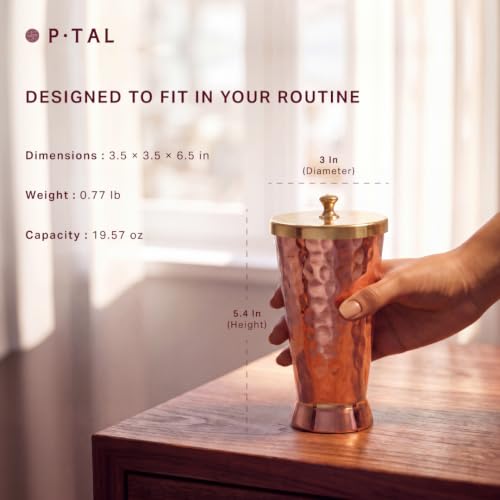P-TAL Pure Copper Tumbler Glass - (20 Fl Oz, 600 mL) Cup with Brass Lid