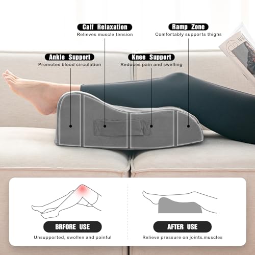 LightEase memory foam leg positioner pillow supporting knees, ankles, and feet for surgery recovery and elevation.