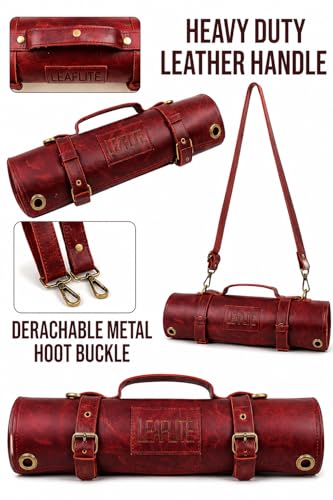 Leather Knife Roll Bag – Chef Knife Bag with 7 Pockets – Durable Crazy Horse Leather Knife Roll for Professional Chefs – Portable Knife Storage Case