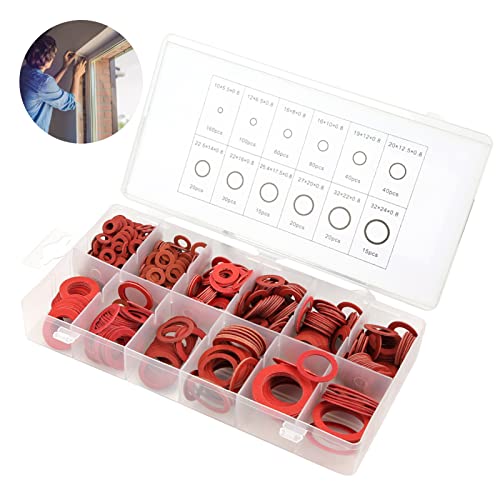 600pcs 12 Sizes Red Steel Paper Fiber Flat Washers Kit, Insulation Washer Assorted Set with Box 600pcs