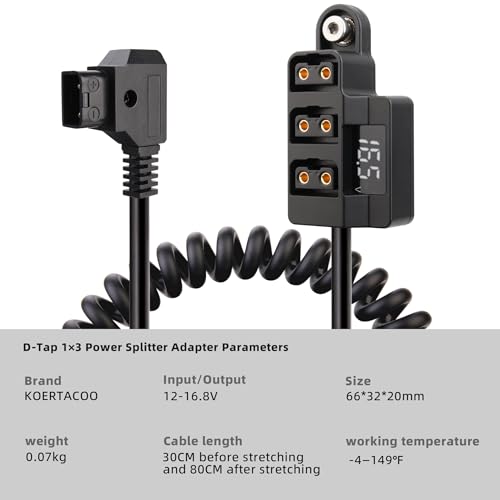 D-Tap 1×3 Power Splitter Adapter with Voltage Display. Coiled Cable Version