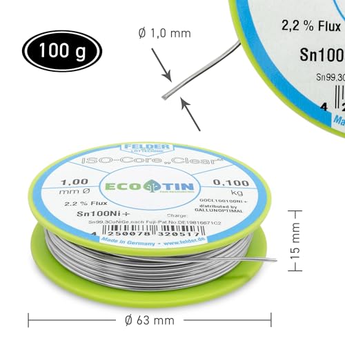 by Felder Soldering Wire Sn100Ni+ for General Electronic Applications, 1.0 mm, 100 g Spool, Lead-Free with 2.2% Flux Clear, REL1, for Electronics, Electrical Engineering and Printed Circuit Boards 100g Spule/1,0mm Durchmesser