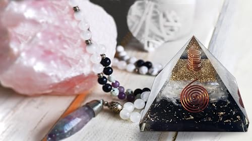 Shungite Orgonite Pyramid with Selenite – Handcrafted Crystal Pyramid for Home & Meditation Space Black Shungite and Selenite