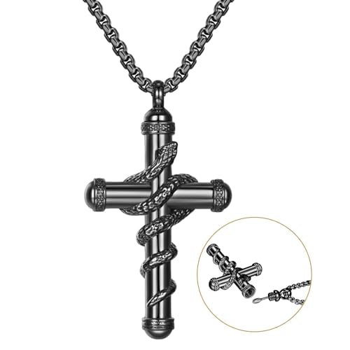 OIDEA Snake Cross Urn Necklaces for Ashes: Men Women Openable Stash Necklace with Spoon Ashes Necklace Memorial Keepsake Cremation Jewelry for Human Ashes 1. black