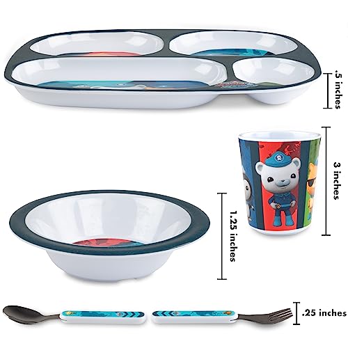 Octonauts 5-piece kids dinnerware set with blue explorer divided plate and bowl, featuring colorful marine-themed designs.