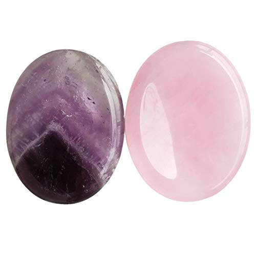 Healing Crystal Thumb Worry Stone Set of 2, Palm Pocket Stones for Meditation, Stress Relief Gemstone Gift for Women,Rose Quartz and Amethyst 1.77" x 1.37" x 0.3" Purple W Pink