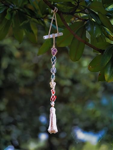 Selenite Crystal Hanging Chakra Wall Decor, Handmade Large 7 Healing Natural Stones, Spiritual Good Luck Ornament for Yoga Meditation Accessories Reiki Anxiety Relief, Gift for Women and Kids