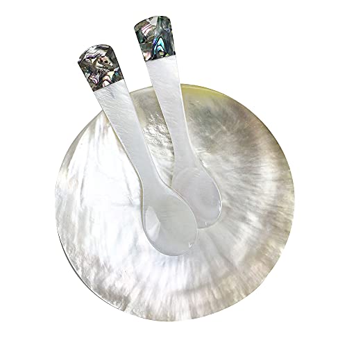 DUEBEL MOP Caviar Server Set, Plate Plus Set of 2 Mother of Pearl Caviar Spoons with Green Abalone 3.5” Decoration for Caviar, Appetizer, Dessert, Egg, Icecream