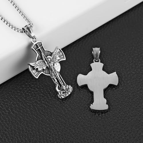HZMAN St. Michael Archangel Cross Necklace for Men Stainless Steel Retro Angel Exorcism Protect Amulet Pendant saint michael-2