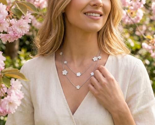 Bling Jewelry White Clover Flower Long Silver Plated Brass Station Tin Cup Chain Wrap Layer Necklace For Women 42 Inch